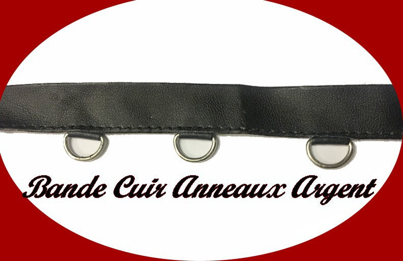 Ruban Simili Cuir 15 mm Mat Noir Au Mètre Bordé D' Anneaux Argent A coudre.