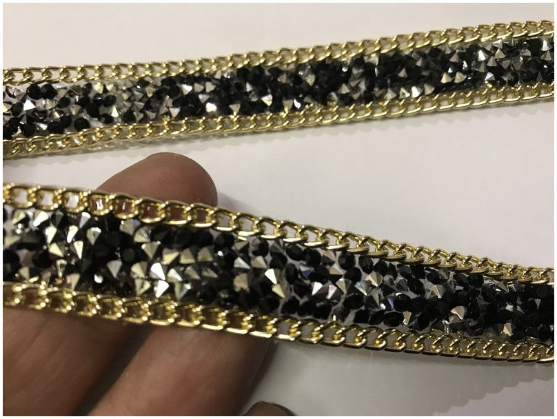 Ruban Strass Au Mètre Noir Orné De Chainette Doré Or - Galon Thermocollant