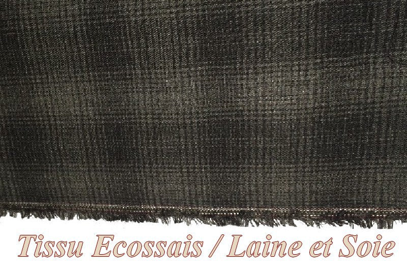 Black and Grey Wool and Silk Scottish Check Fabric by the Meter.