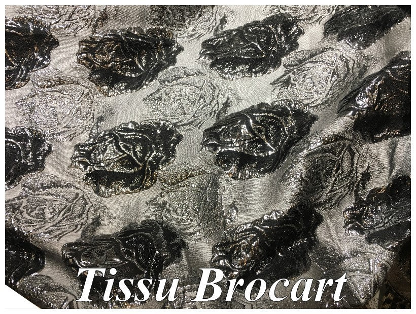 Tissu Brocart Argenté Au Mètre De Luxe En Motifs Fleurs Noir Pour Robes, Tailleurs Et Caftans