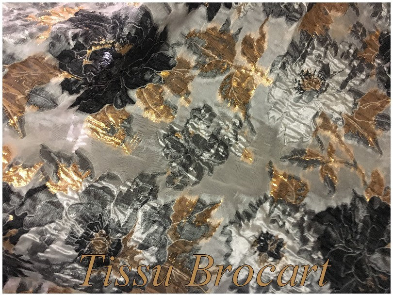 Tissu Brocart Au Mètre De Luxe En Motifs Fleurs Gris, Noir Imprimés Fleurs Lurex MorDoré Pour Robes, Tailleurs Et Caftans