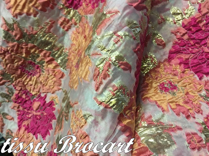 Couture Brocade Fabric in Flocked Flower Patterns in Salmon Fuschia Color and Gold Gold Flowers for Dresses, Suits and Caftans.