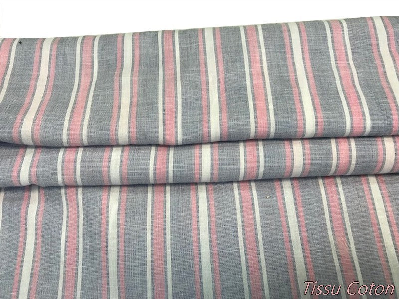 Tissu Coton A Rayure Imprimé Rose et Blanc Au Mètre En Grande Largeur