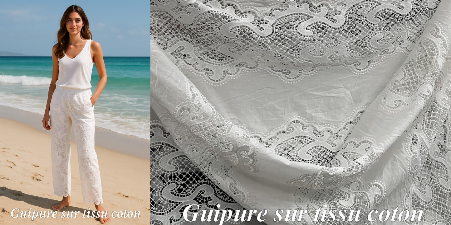 Tissu Dentelle Guipure Blanche en Coton – Grande Largeur pour Robes de Mariée, Cérémonie et Création Haute Couture