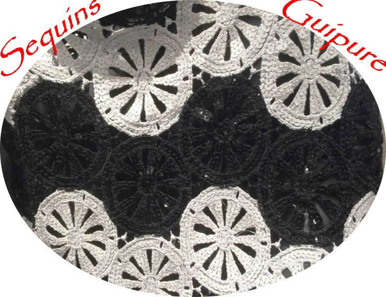 Guipure Lace and Sequins Fabric Couture in Black and White, Customizations.