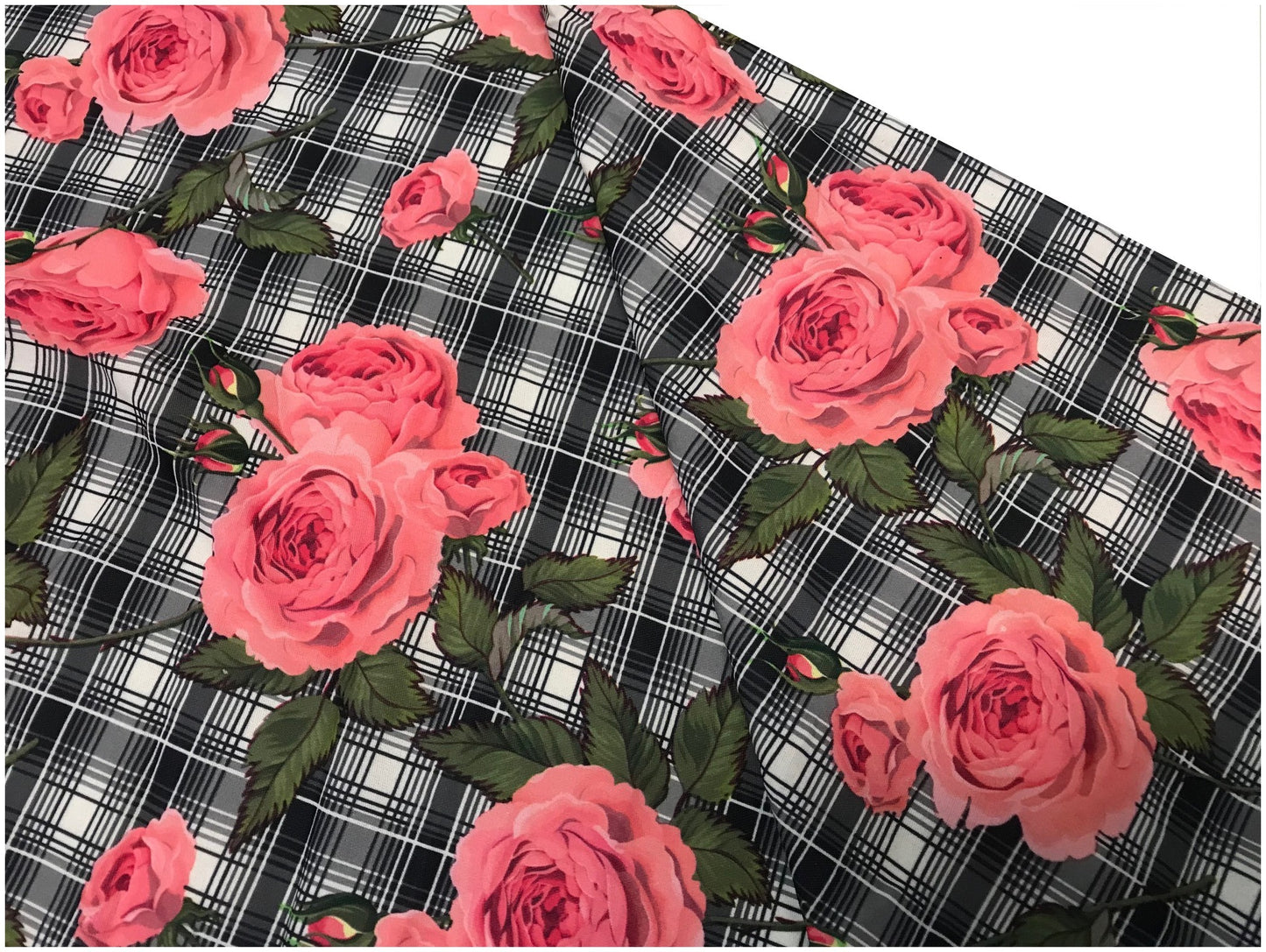 Prince of Wales Printed Cotton Fabric Grey Red Flowers By The Meter In Large Width