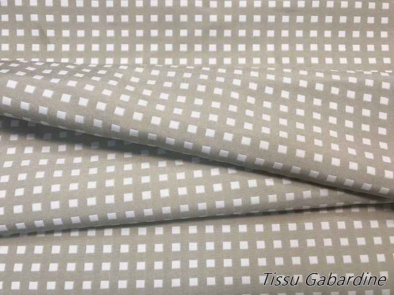 Gabardine Fabric by the Meter Printed with Small Beige Checks on an Ecru Background, Reversible! - Elegant Versatility