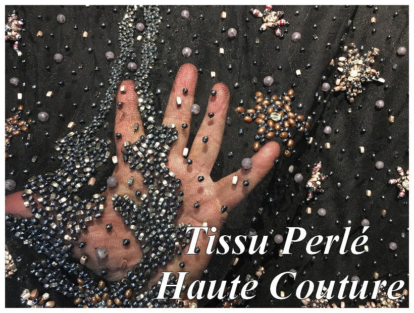 Tissu Haute Couture Pérlé Sur Résille Noir Pour La Créations De Robes De cocktail, Cérémonies Et Caftans.