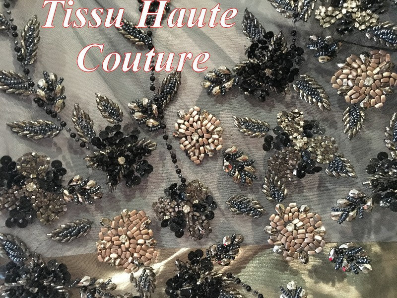 Tissu Haute Couture Pérlé Sur Résille Tulle Noir Pour Caftans Et Robes De Cérémonies.