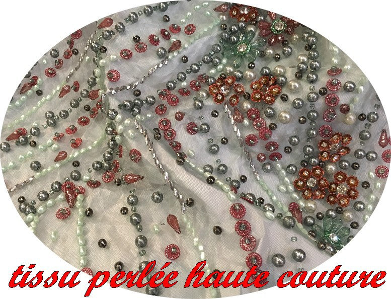 Tissu Haute Couture Pérlé Sur Résille Tulle vert Pour Robes de cocktail, Cérémonies Et Caftans De luxe
