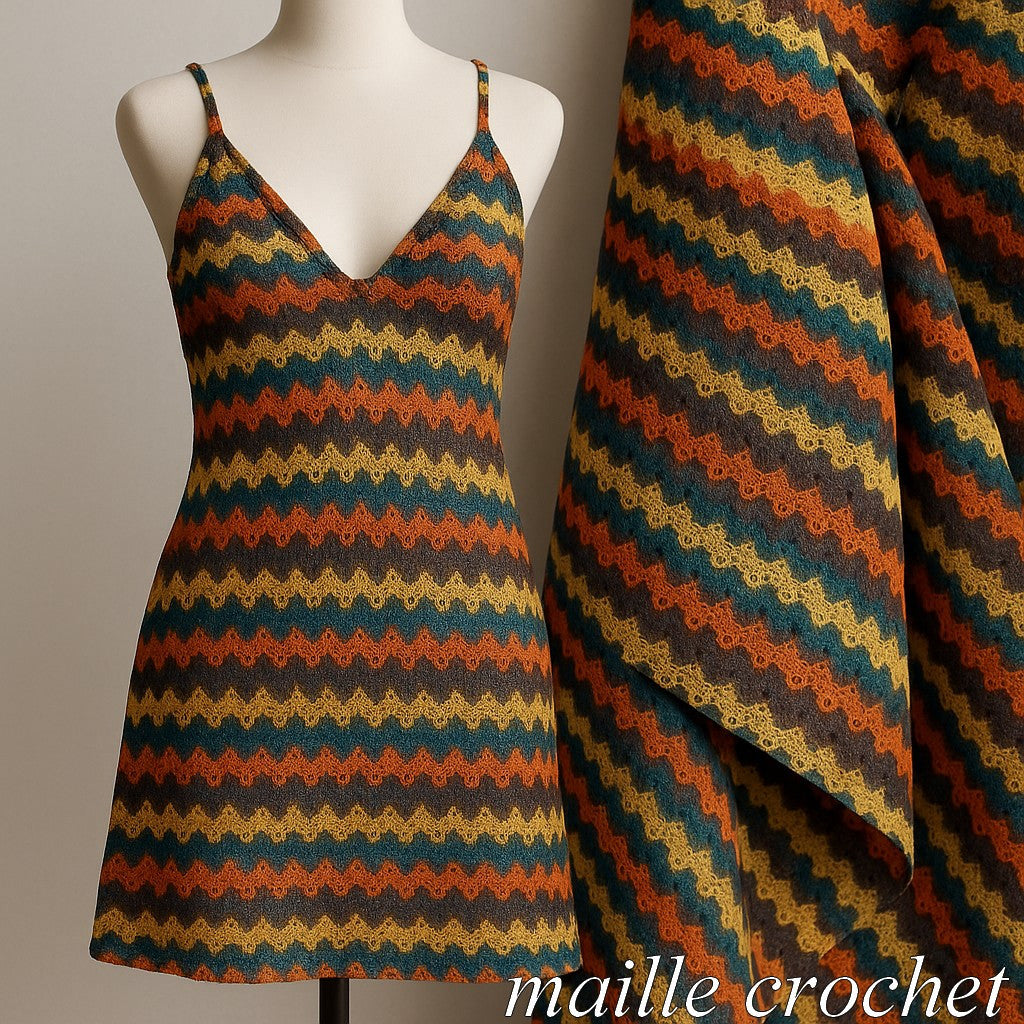 Tissu maille crochet zigzag multicolore – au mètre