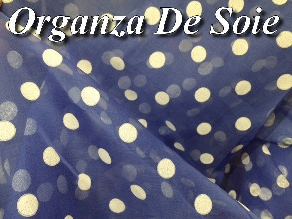 Tissu Organza De Soie Bleu Indigo Au Mètre En Imprimé Pois Créme.