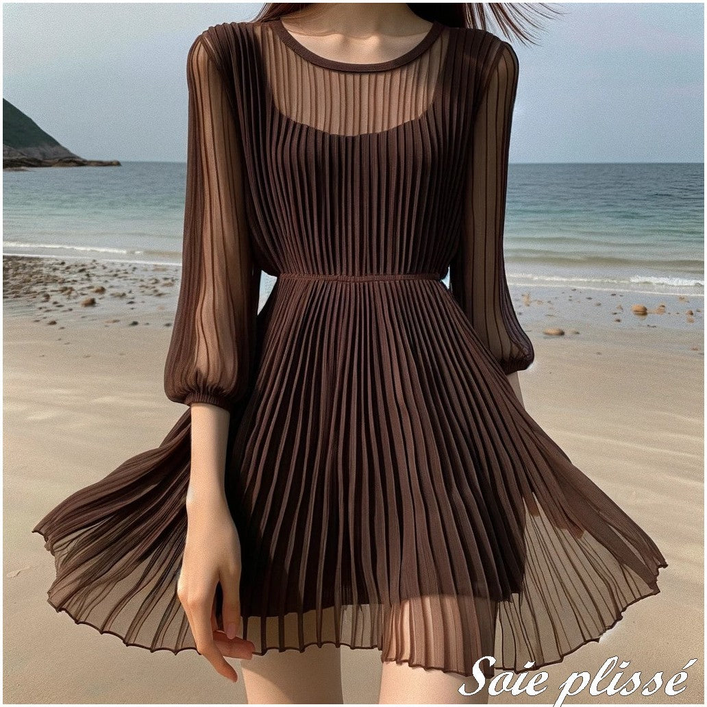 Tissu Plissé En Mousseline De Soie Marron Couture. - vendu au mètre.