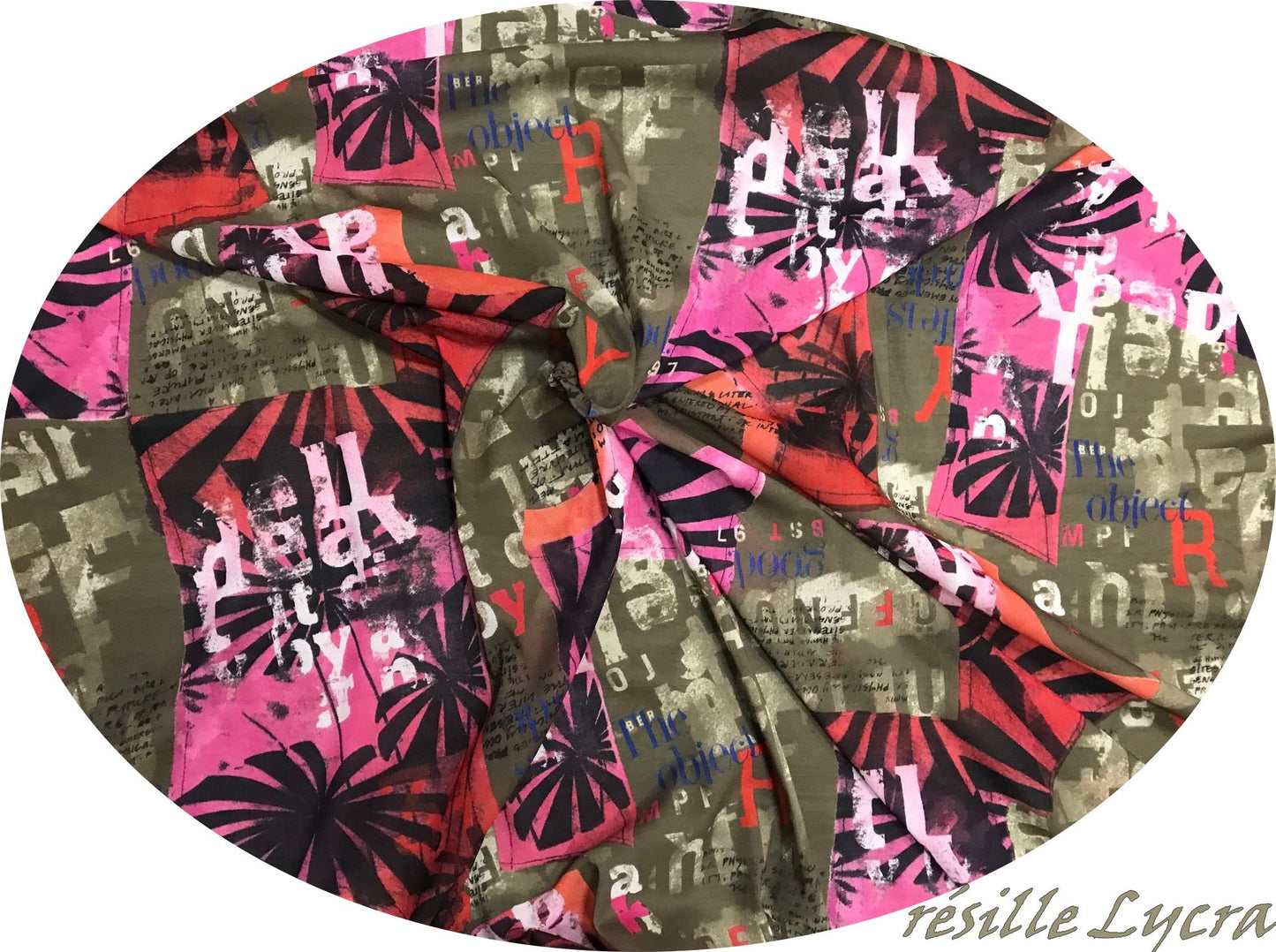 Tejido de malla fina estampado fucsia y caqui lycra elástica por metro