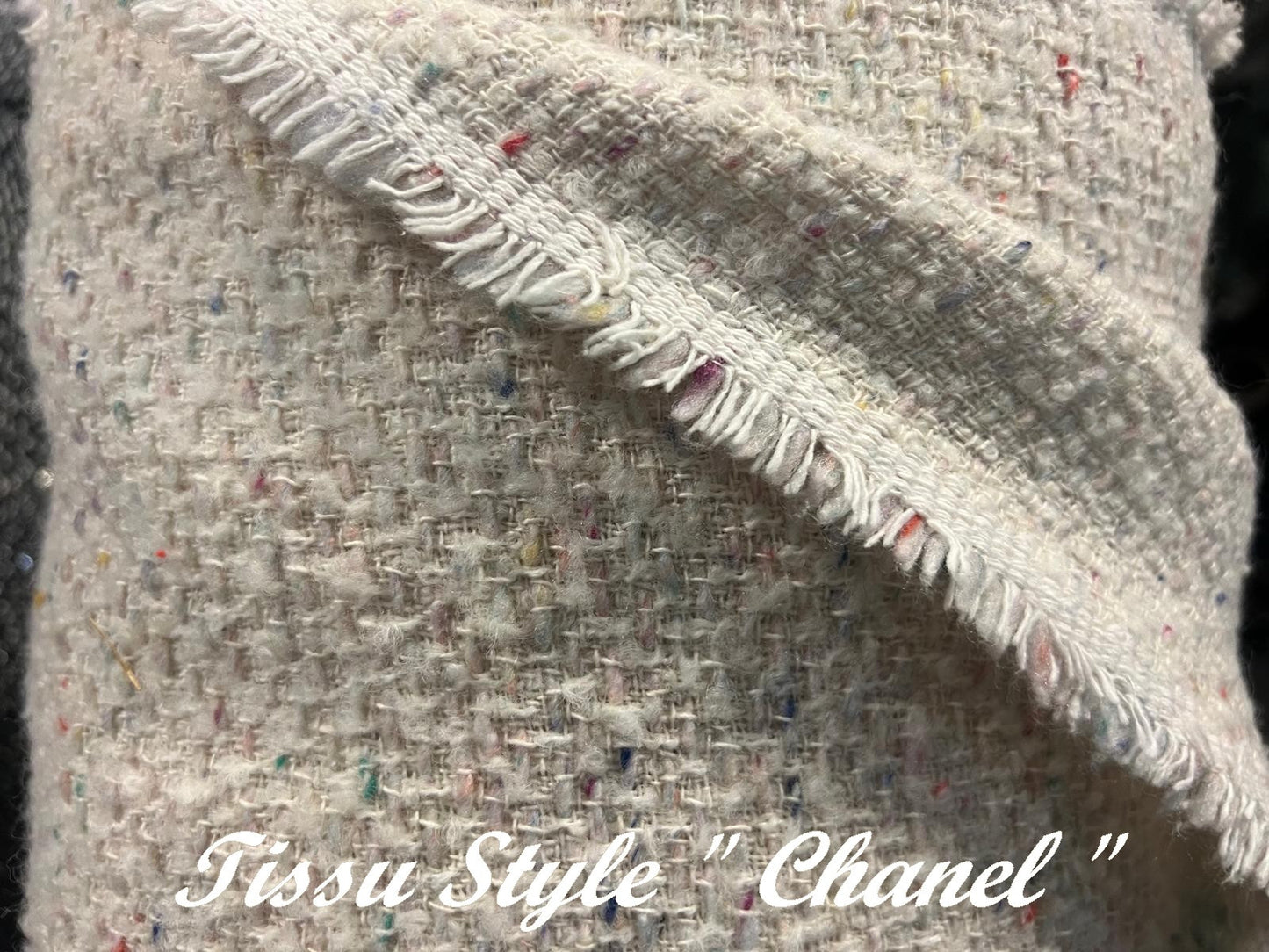 Tissu Style "Chanel" Tweed Ecru Ivoire Au Mètre Haute Couture.