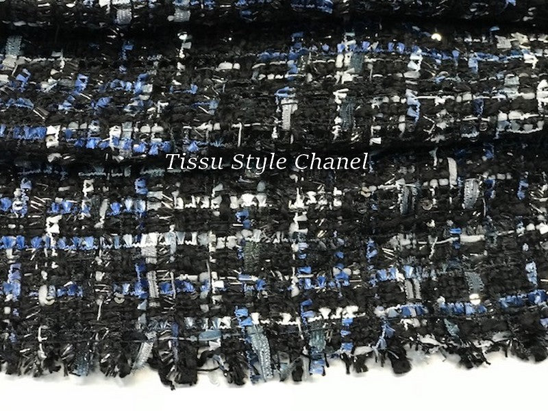 Tissu Style "Chanel" Tweed Marine et Noir Au Mètre Haute Couture.