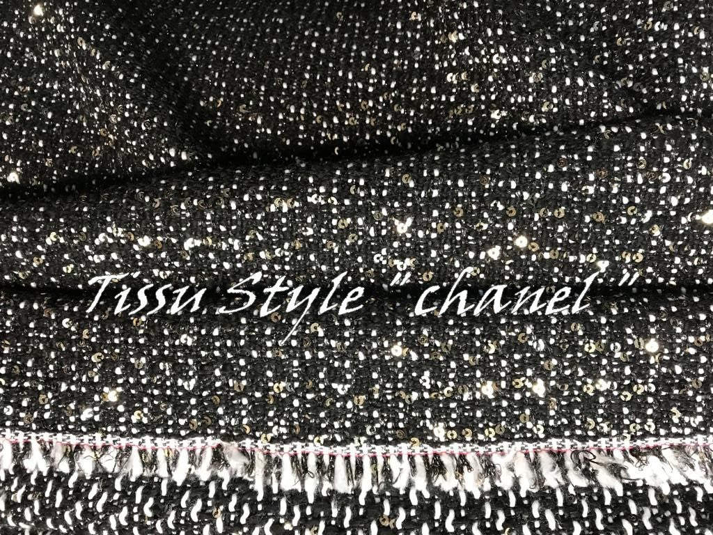 Tissu Style "Chanel" Tweed Noir Au Mètre Haute Couture.