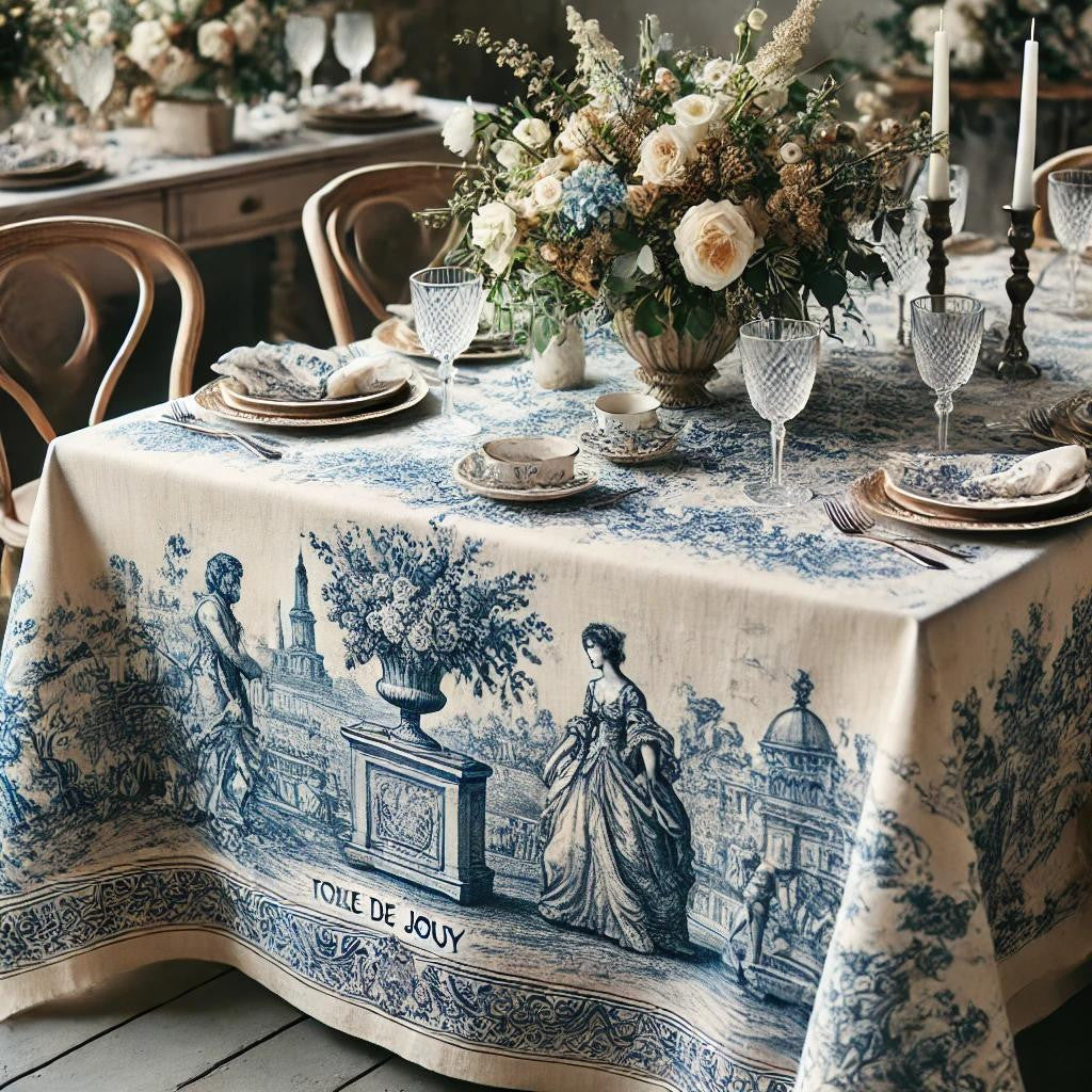 Indigo Blue Toile de Jouy Fabric on Ecru Background, 280 cm high – Elegance and Refinement for Your Decoration