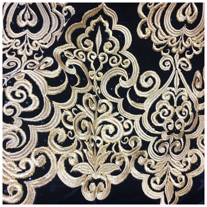 Tissu Velours Noir Brodé Or En Grande Largeur Pour Vetements Et Ameublement