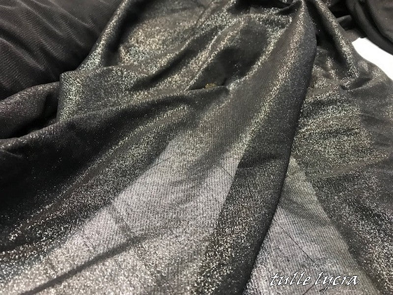 Tulle Résille lycra Noir au mètre Avec aspect Argenté Lurex Pour Justaucorps Et Lingerie.