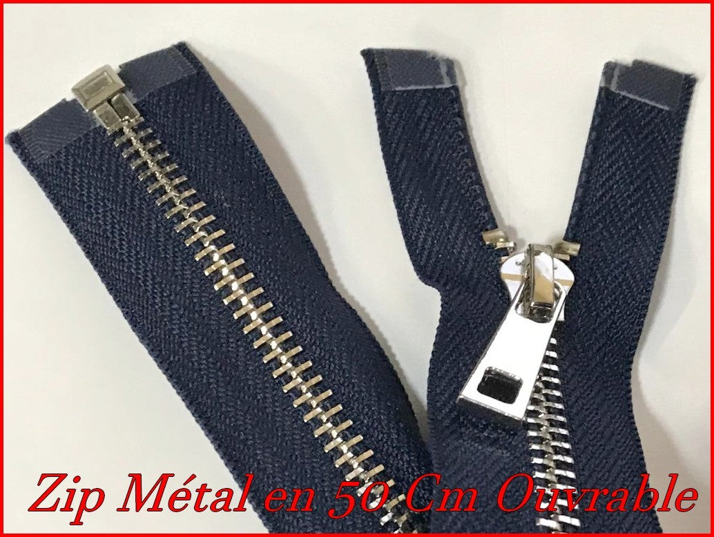 Zip Fermeture A Glissière Métal Maille Argent En 50 Cm Marine Ouvrable