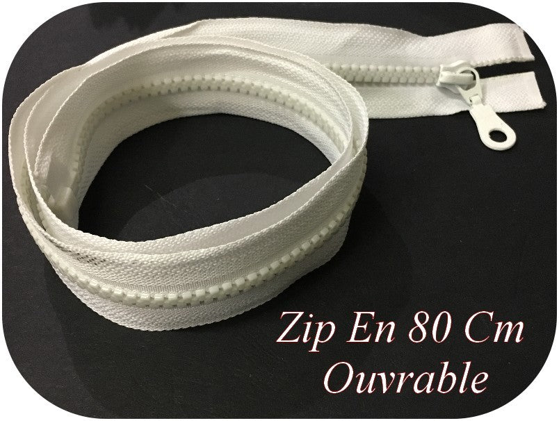Zip Fermeture Eclair En 80 Cm BLANCHE à Glissière En Maille Plastique Injecté à Coudre Séparable.