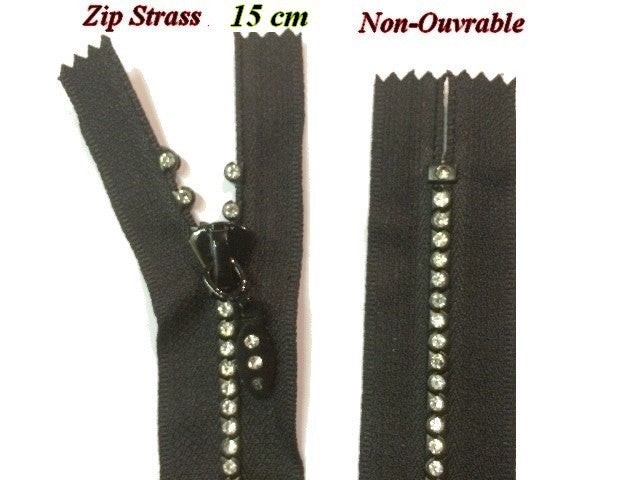 Zip strass en 15 cm Noir Non-Ouvrable, A Coudre.