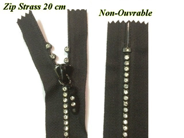 Zip Strass En 20 Cm Noir , Non-Ouvrable, A Coudre.