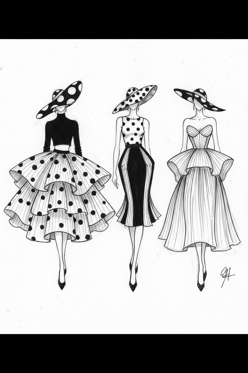 Croquis couture – jupes et robe en tissu plissé pois noir et blanc avec chapeau – Couture sketch polka dot pleated skirts and dress with hat