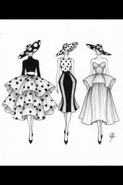 Croquis couture – jupes et robe en tissu plissé pois noir et blanc avec chapeau – Couture sketch polka dot pleated skirts and dress with hat