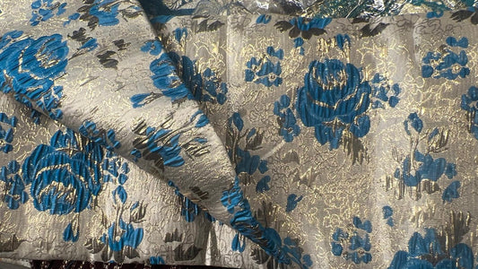 Brocart Floral Turquoise et Doré - Tissu Jacquard Luxe 145 cm