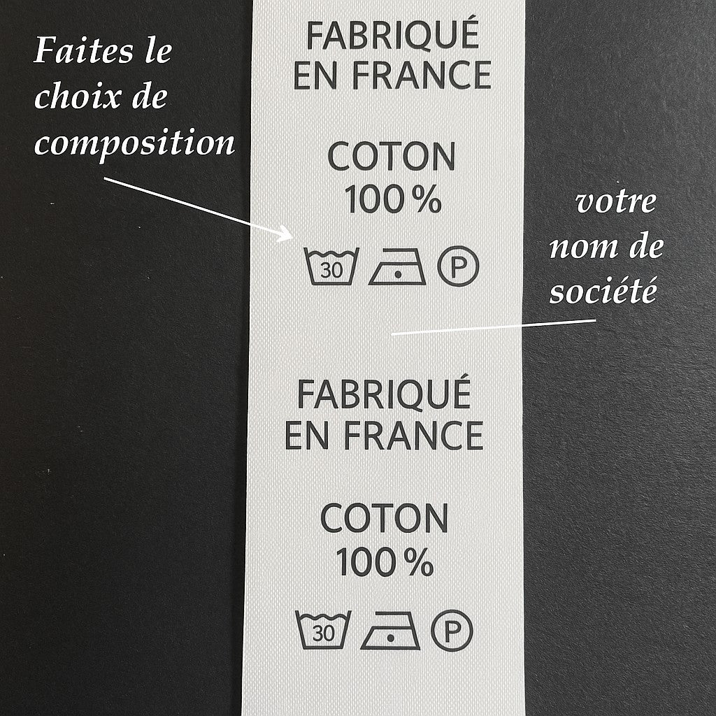 1000 étiquettes de composition personnalisées à coudre – 3x5 cm – impression française de qualité professionnelle.