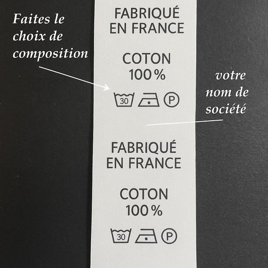1000 étiquettes de composition personnalisées à coudre – 3x5 cm – impression française de qualité professionnelle.