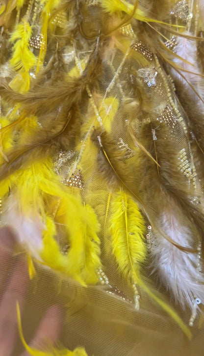 Tissu Haute Couture Plumes & Perles Doré