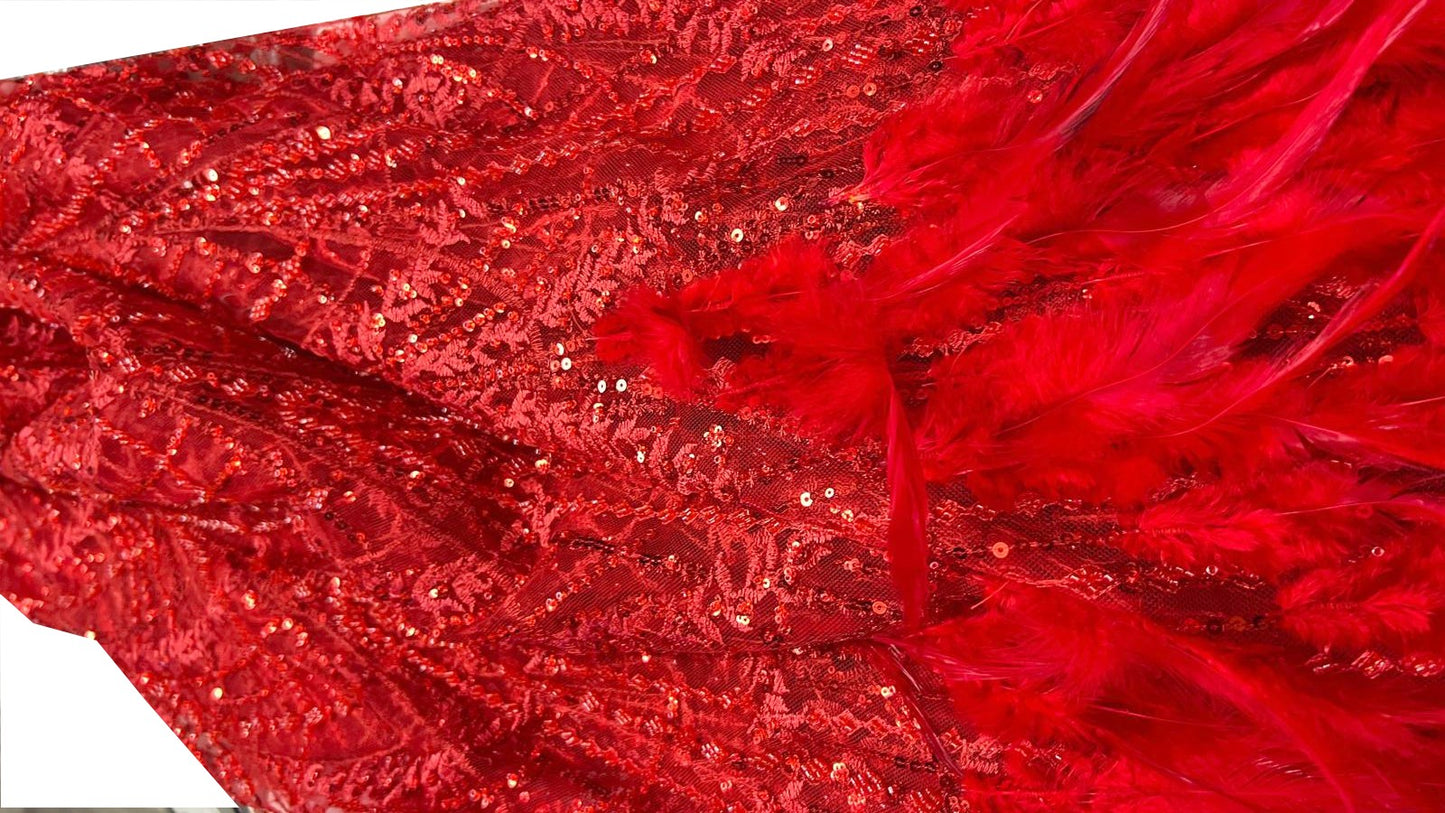 Tissu Dentelle Rouge Plumes et Sequins Au Mètre – Haute Couture