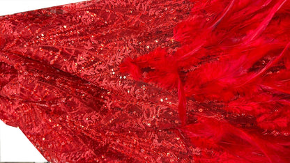 Tissu Dentelle Rouge Plumes et Sequins Au Mètre – Haute Couture