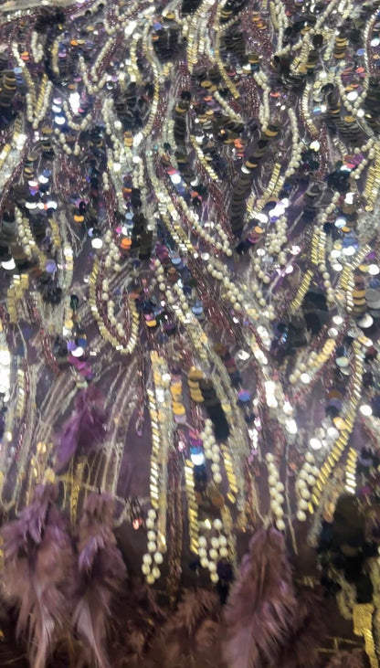 Coupon de 3,50 mètres – Tulle Haute Couture sequins & plumes mauves violettes (140 cm)
