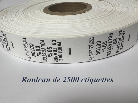 2500 Etiquettes De Vêtements  50 % Polyester , 50 % Coton x  Par 2500 Pièces A Coudre , Contexture " FABRIQUE EN FRANCE ".