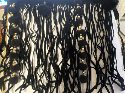 Galon franges daim noir avec pompons 18 cm