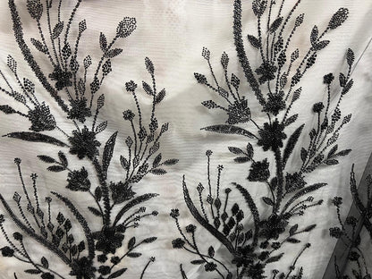 Tulle Perlé Noir 145cm - Tissu Brodé Perles Florales - Haute Couture