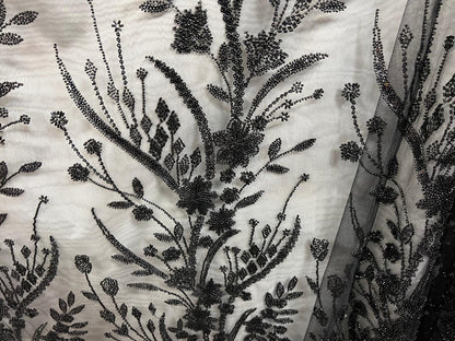 Tulle Perlé Noir 145cm - Tissu Brodé Perles Florales - Haute Couture