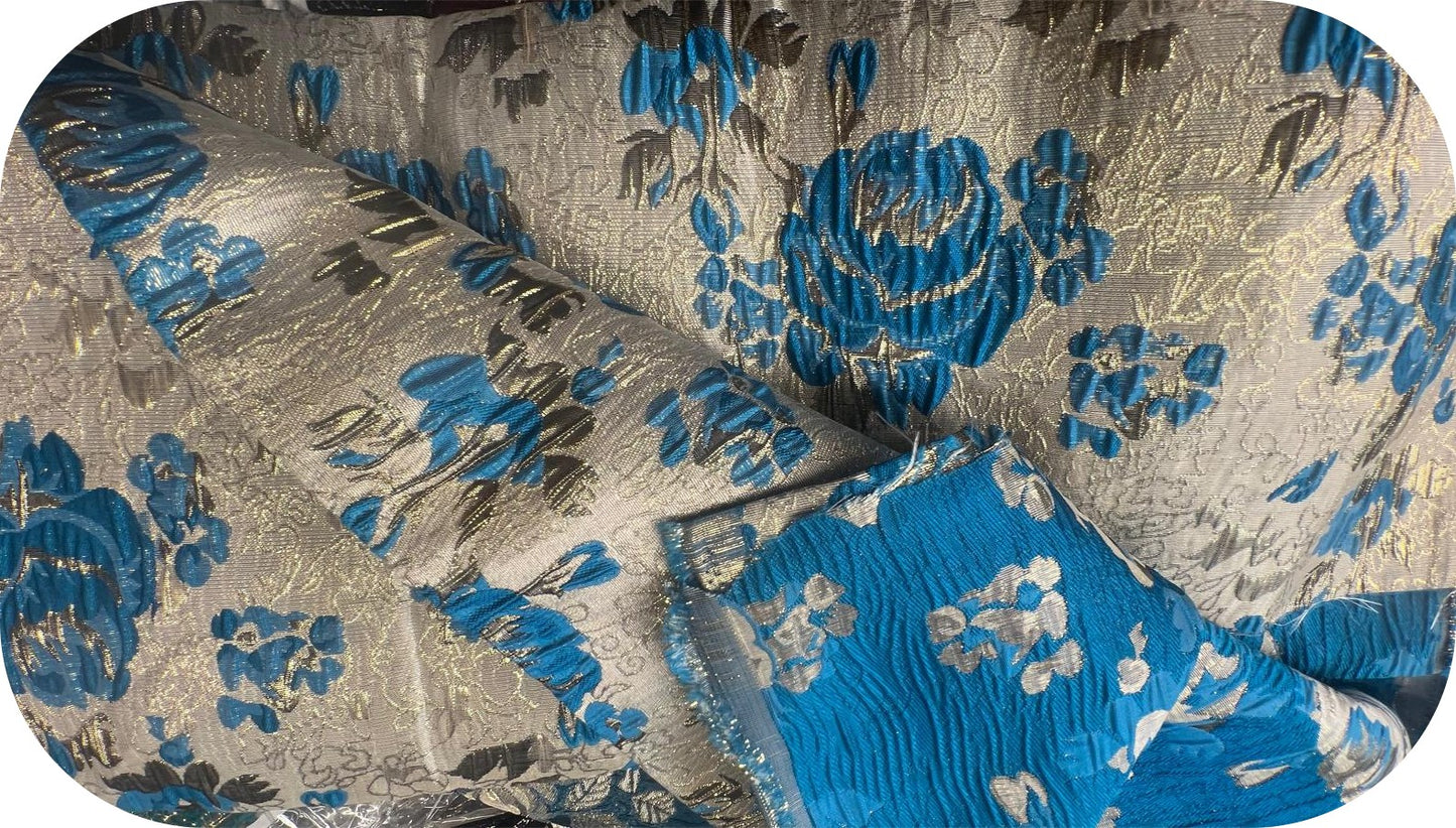 Brocart Floral Turquoise et Doré - Tissu Jacquard Luxe 145 cm