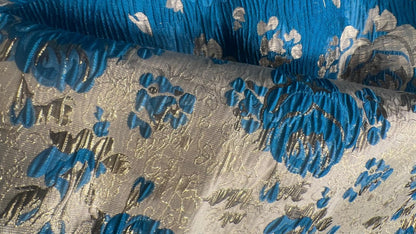 Brocart Floral Turquoise et Doré - Tissu Jacquard Luxe 145 cm