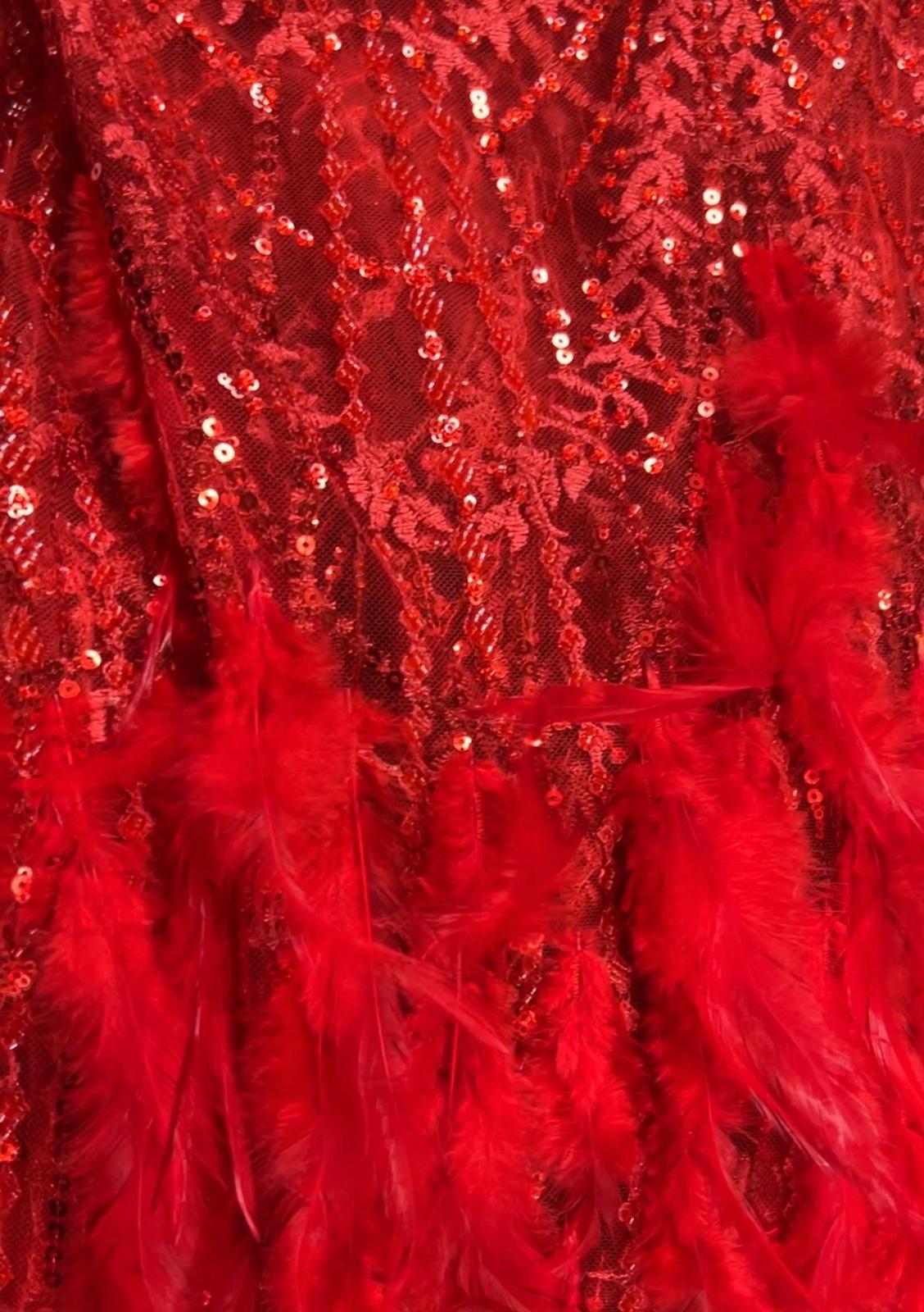 Tissu Dentelle Rouge Plumes et Sequins Au Mètre – Haute Couture