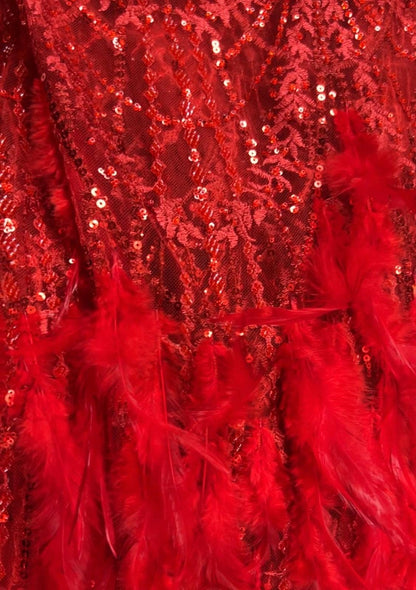 Tissu Dentelle Rouge Plumes et Sequins Au Mètre – Haute Couture