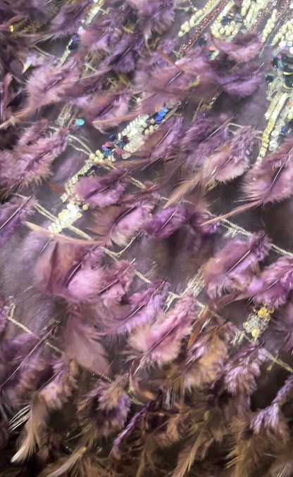 Coupon de 3,50 mètres – Tulle Haute Couture sequins & plumes mauves violettes (140 cm)