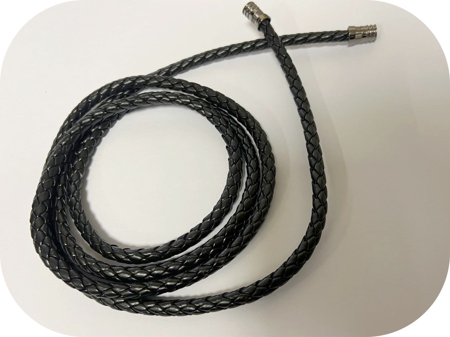 Cordon cuir Ciré Tressé Noir 140cm Ø10mm avec Embouts Argentés | Braided Waxed Cord Black 140cm