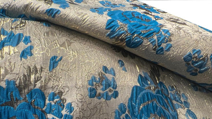 Brocart Floral Turquoise et Doré - Tissu Jacquard Luxe 145 cm