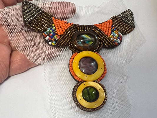 Patch Perles sur Résille Motif Ethnique - 11x12cm - Bronze Orange