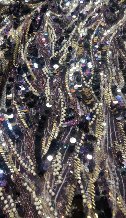 Coupon de 3,50 mètres – Tulle Haute Couture sequins & plumes mauves violettes (140 cm)